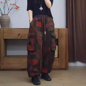 Colorful Blocks Side Pockets Winter Fleeced Pants