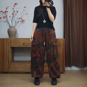 Colorful Blocks Side Pockets Winter Fleeced Pants