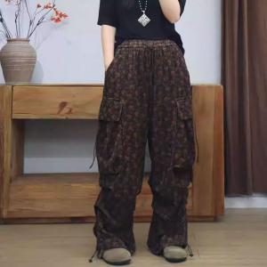 Coffee Floral Pockets Decoration Corduroy Sweat Pants
