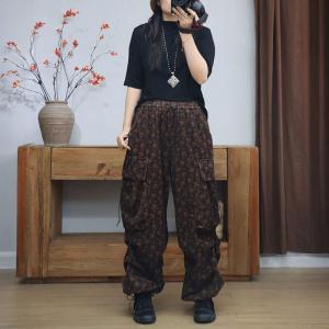 Coffee Floral Pockets Decoration Corduroy Sweat Pants