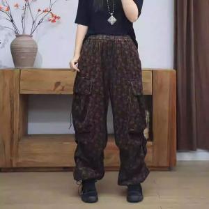 Coffee Floral Pockets Decoration Corduroy Sweat Pants