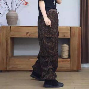 Coffee Floral Pockets Decoration Corduroy Sweat Pants
