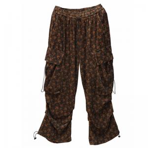 Coffee Floral Pockets Decoration Corduroy Sweat Pants