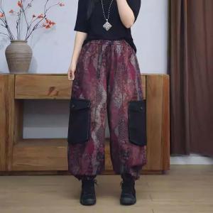 Black Pockets Vintage Purple Printed Balloon Pants