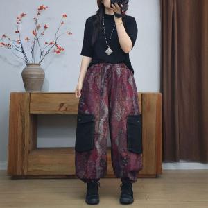 Black Pockets Vintage Purple Printed Balloon Pants