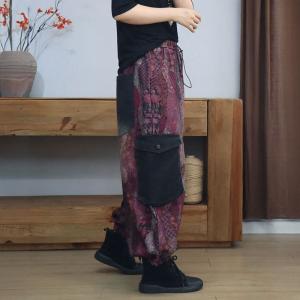 Black Pockets Vintage Purple Printed Balloon Pants