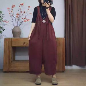 V-Neck Tassel Striped Wide Leg Burgundy Overalls