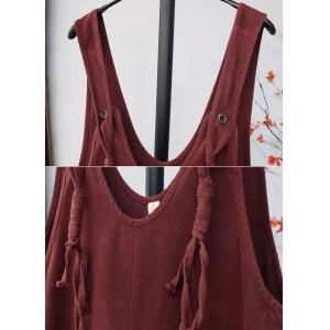 V-Neck Tassel Striped Wide Leg Burgundy Overalls