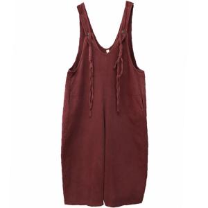 V-Neck Tassel Striped Wide Leg Burgundy Overalls