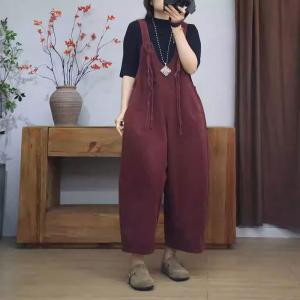 V-Neck Tassel Striped Wide Leg Burgundy Overalls