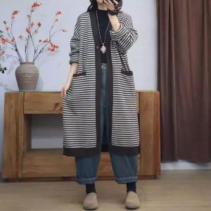 Coffee Striped Cotton Knitted Midi Cardigan