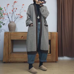 Coffee Striped Cotton Knitted Midi Cardigan