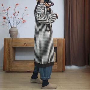 Coffee Striped Cotton Knitted Midi Cardigan
