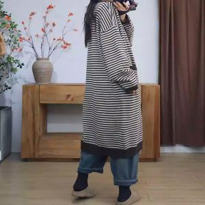 Coffee Striped Cotton Knitted Midi Cardigan