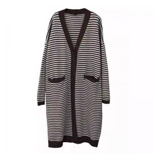 Coffee Striped Cotton Knitted Midi Cardigan
