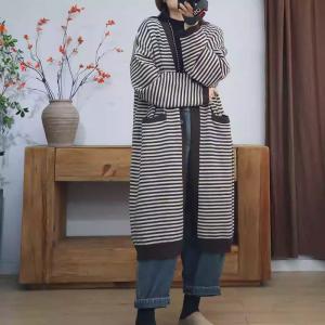 Coffee Striped Cotton Knitted Midi Cardigan