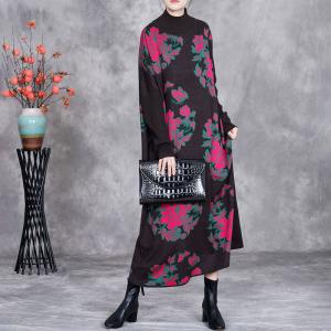 Pink Flowers High Neck Coffee Knit Dress