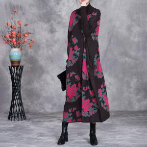 Pink Flowers High Neck Coffee Knit Dress