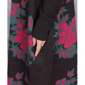 Pink Flowers High Neck Coffee Knit Dress