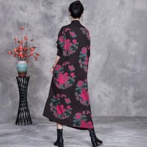Pink Flowers High Neck Coffee Knit Dress