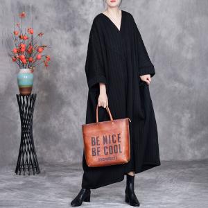 V-Neck Plus Size Black Modest Quilted Caftan Dress