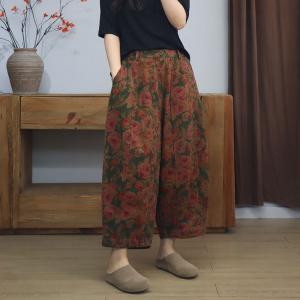 Elastic Waist Flowers Prints Wide Leg Cropped Pants