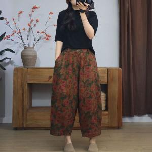 Elastic Waist Flowers Prints Wide Leg Cropped Pants