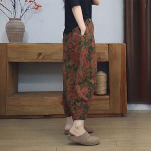 Elastic Waist Flowers Prints Wide Leg Cropped Pants