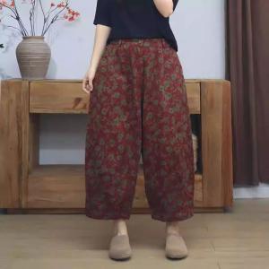 Elastic Waist Flowers Prints Wide Leg Cropped Pants