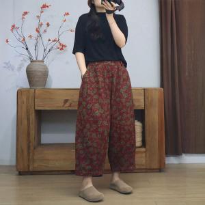 Elastic Waist Flowers Prints Wide Leg Cropped Pants