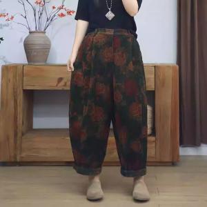 Senior Women Flowers Patterned Corduroy Pants