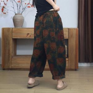 Senior Women Flowers Patterned Corduroy Pants