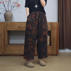 Peony Patterns Dark Coffee Cotton Linen Pants