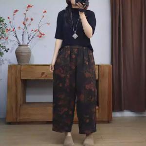 Peony Patterns Dark Coffee Cotton Linen Pants