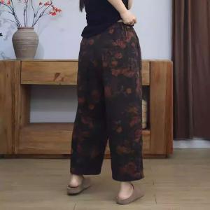 Peony Patterns Dark Coffee Cotton Linen Pants