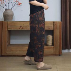 Peony Patterns Dark Coffee Cotton Linen Pants