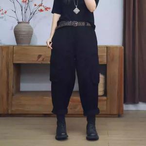 Hippie Style Black Cotton Tapered Pants for Women