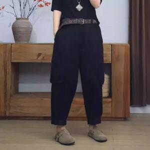 Hippie Style Black Cotton Tapered Pants for Women