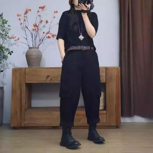 Hippie Style Black Cotton Tapered Pants for Women