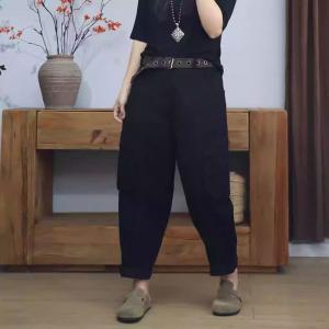 Hippie Style Black Cotton Tapered Pants for Women