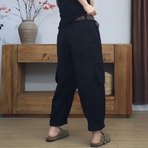 Hippie Style Black Cotton Tapered Pants for Women