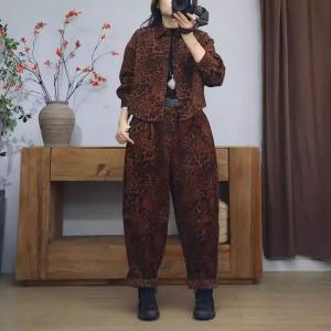 Trendy Leopard Printed Short Jacket with Corduroy Harem Pants
