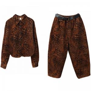 Trendy Leopard Printed Short Jacket with Corduroy Harem Pants