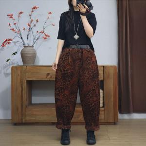Trendy Leopard Printed Short Jacket with Corduroy Harem Pants