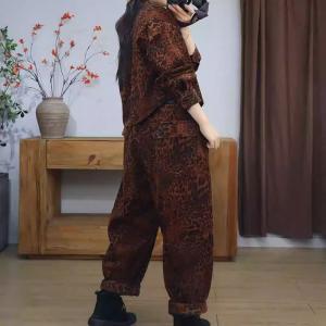 Trendy Leopard Printed Short Jacket with Corduroy Harem Pants