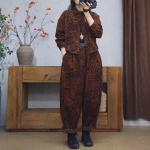 Trendy Leopard Printed Short Jacket with Corduroy Harem Pants