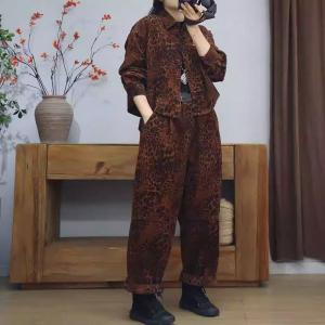 Trendy Leopard Printed Short Jacket with Corduroy Harem Pants