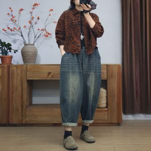 Trendy Leopard Printed Short Jacket with Corduroy Harem Pants