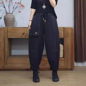 Casual Big Pockets Black Fleeced Carrot Jeans