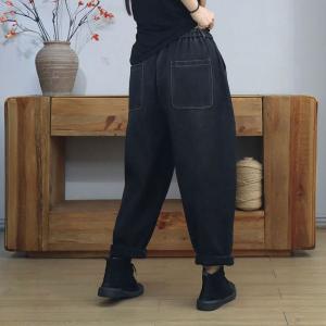Casual Big Pockets Black Fleeced Carrot Jeans